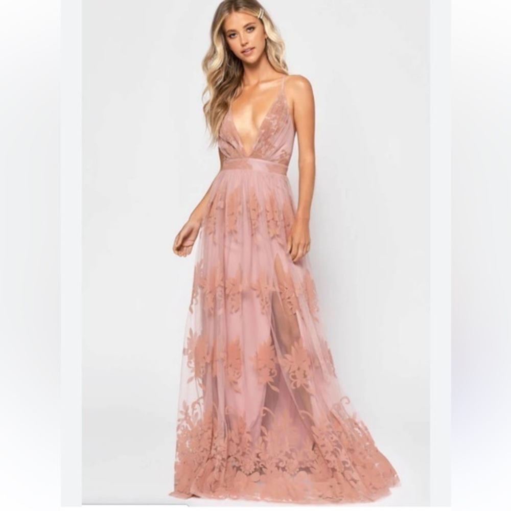 Chelsea Long Formal Blush Nude Tulle Floral Print Gown Dress Size Large